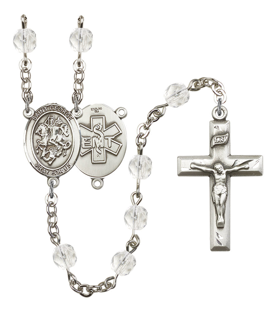 St. George EMT Rosary, 6mm Fire Polished Crystal Beads, Silver Plate, # 16349