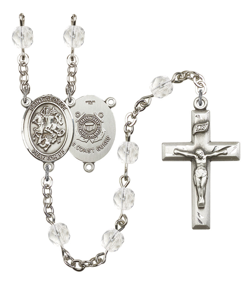 St. George U.S. Coast Guard Rosary, 6mm Fire Polished Crystal Beads, Silver Plate, # 16351