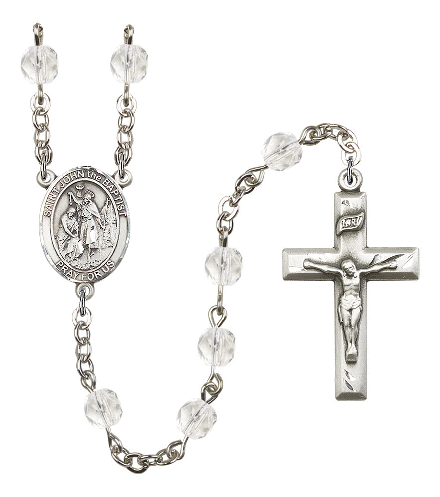 St. John the Baptist Rosary, 6mm Fire Polished Crystal Beads, Silver Plate, # 16370