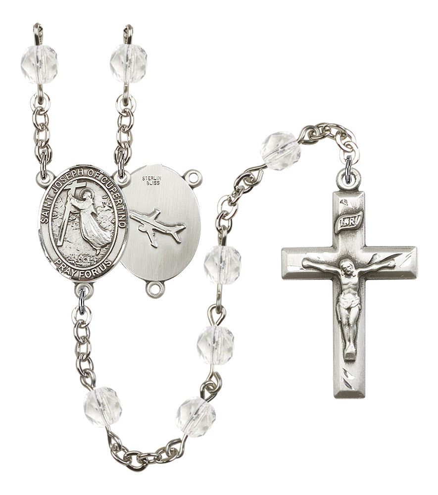 St. Joseph of Cupertino Pilot's Rosary, 6mm Fire Polished Crystal Beads, Silver Plate, # 16373