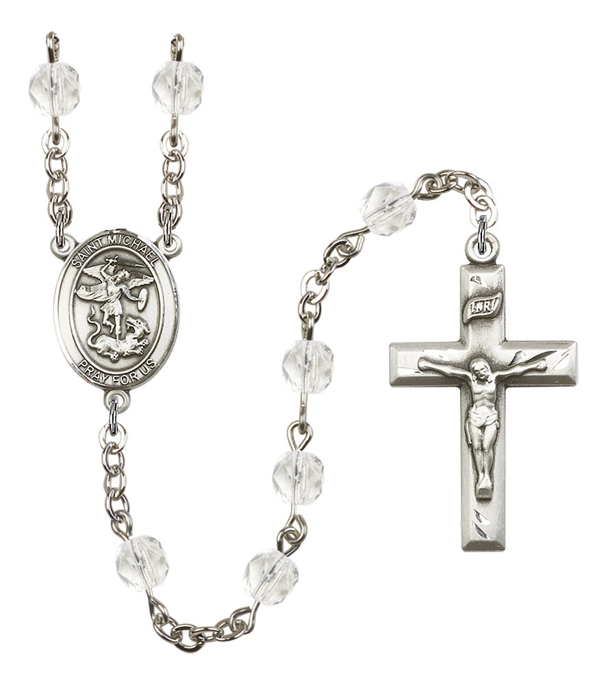 St. Michael Rosary, 6mm Fire Polished Crystal Beads, Silver Plate, # 16395
