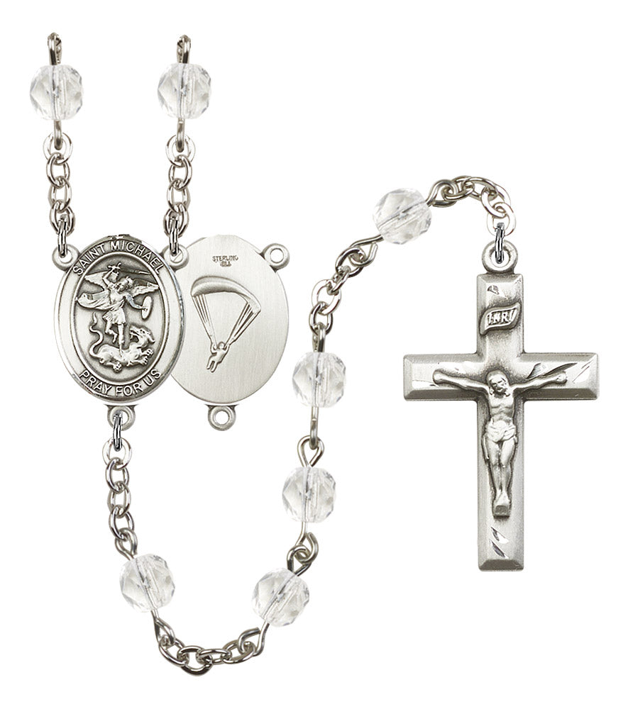 St. Michael Paratrooper Skydiver Rosary, 6mm Fire Polished Crystal Beads, Silver Plate, # 16403