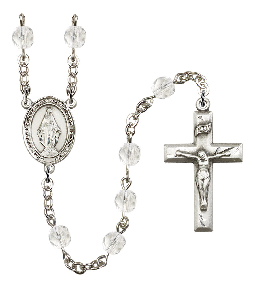Miraculous Medal Rosary, 6mm Fire Polished Crystal Beads, Silver Plate, # 16406