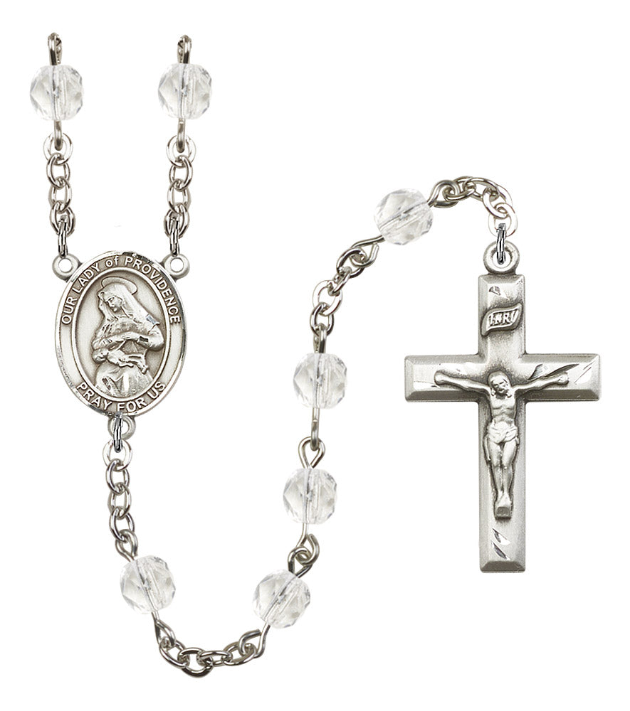 Our Lady of Providence Rosary, 6mm Fire Polished Crystal Beads, Silver Plate, # 16416
