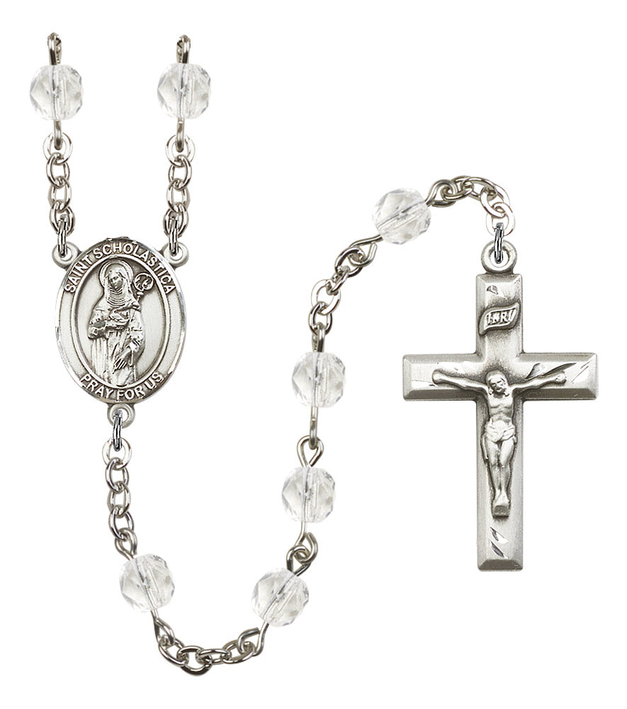 St. Scholastica Rosary, 6mm Fire Polished Crystal Beads, Silver Plate, # 16494