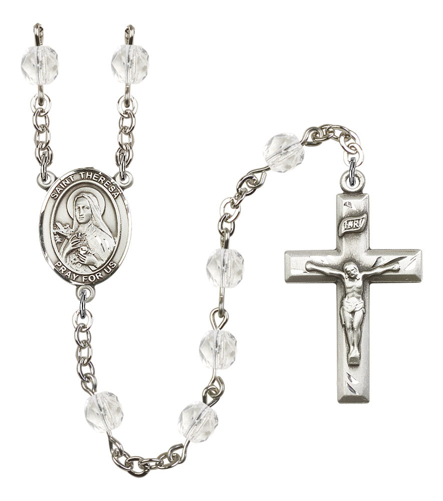 St. Theresa of Lisieux Rosary, 6mm Fire Polished Crystal Beads, Silver Plate, # 16501