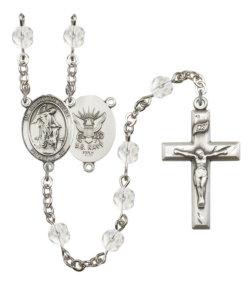 Guardian Angel U.S. Navy Rosary, 6mm Fire Polished Crystal Beads, Silver Plate, # 16522