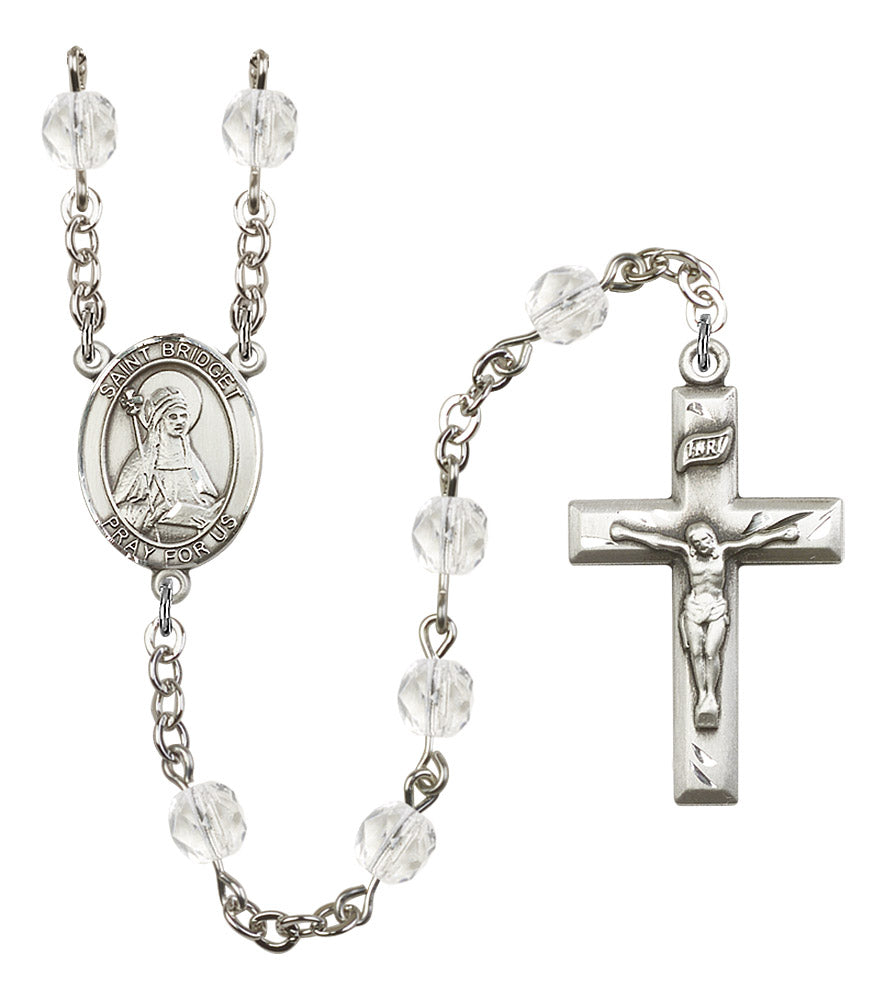 St. Bridget Rosary, 6mm Fire Polished Crystal Beads, Silver Plate, # 16528