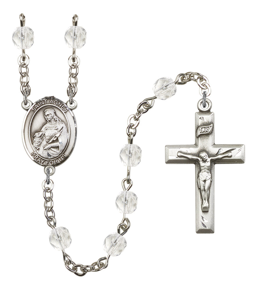 St. Agnes Rosary, 6mm Fire Polished Crystal Beads, Silver Plate, # 16535