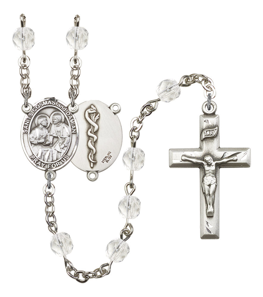 Sts. Cosmas and Damian Doctor's Rosary, 6mm Fire Polished Crystal Beads, Silver Plate, # 16539