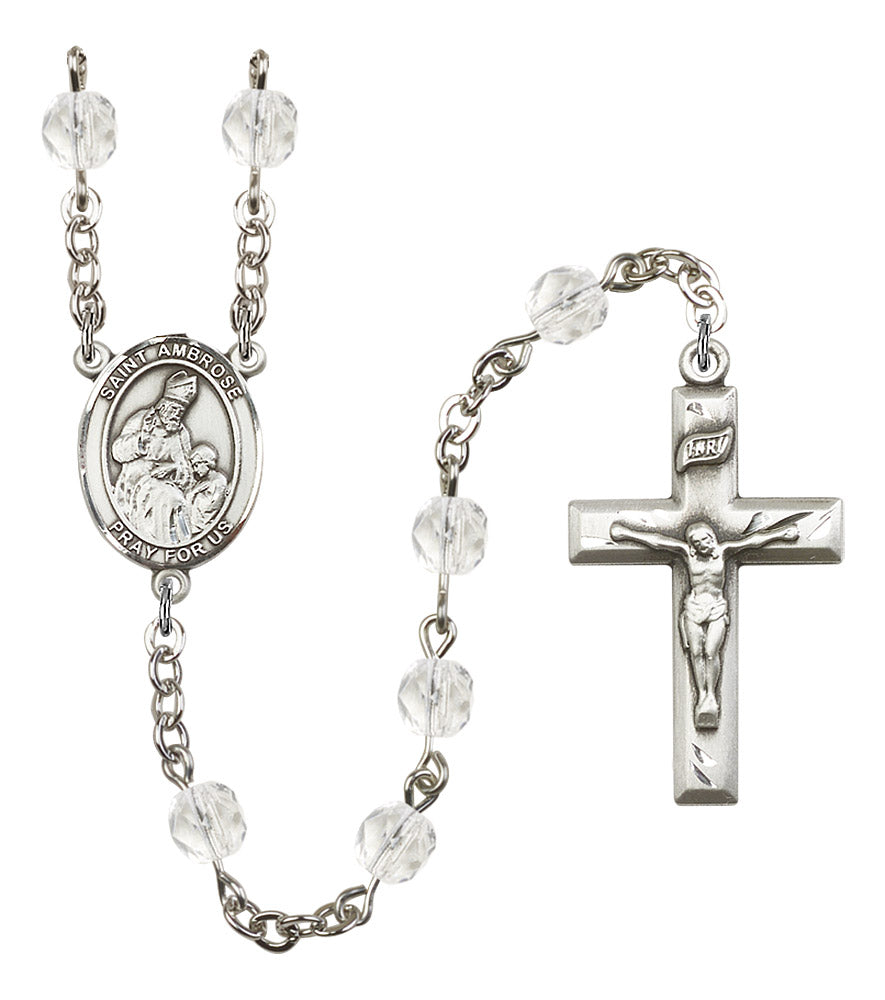 St. Ambrose Rosary, 6mm Fire Polished Crystal Beads, Silver Plate, # 16545