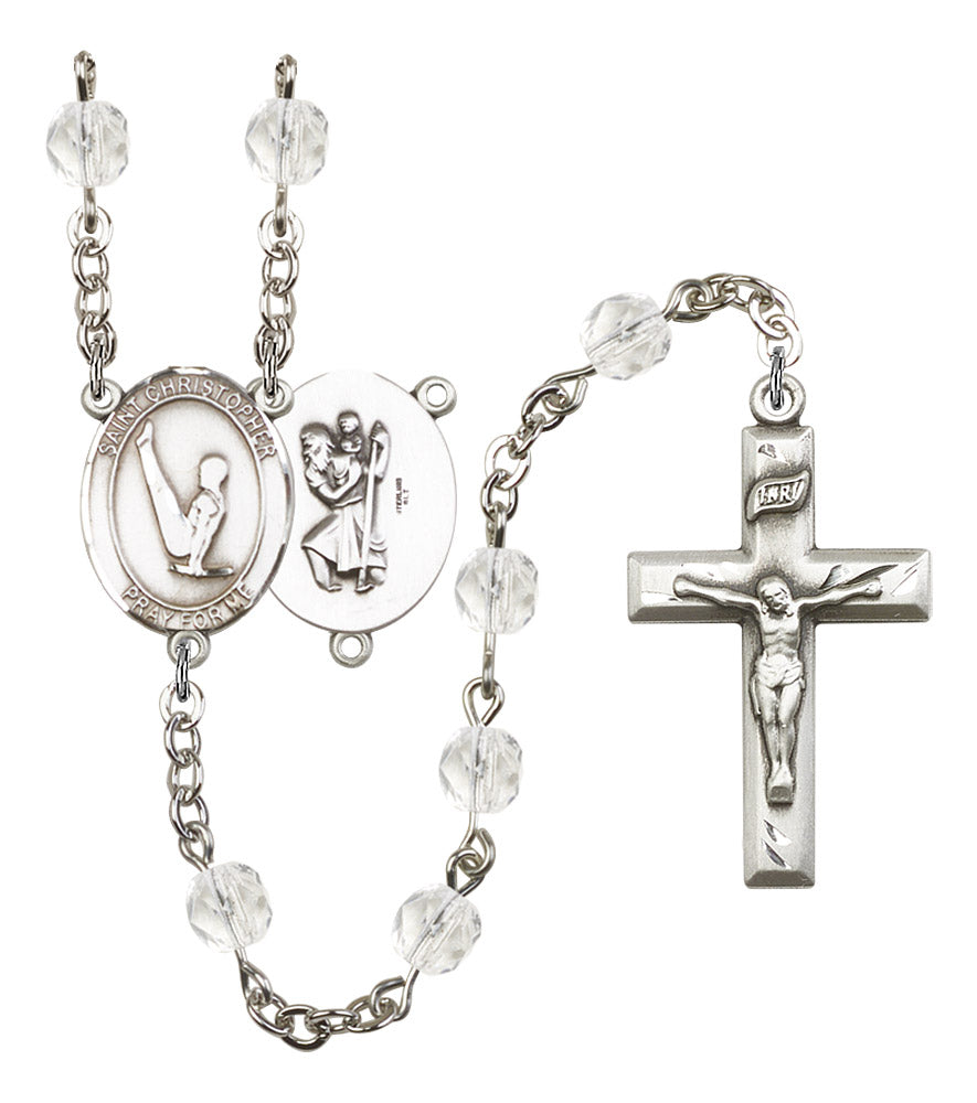 St. Christopher / Gymnastics Rosary, 6mm Fire Polished Crystal Beads, Silver Plate, # 16549