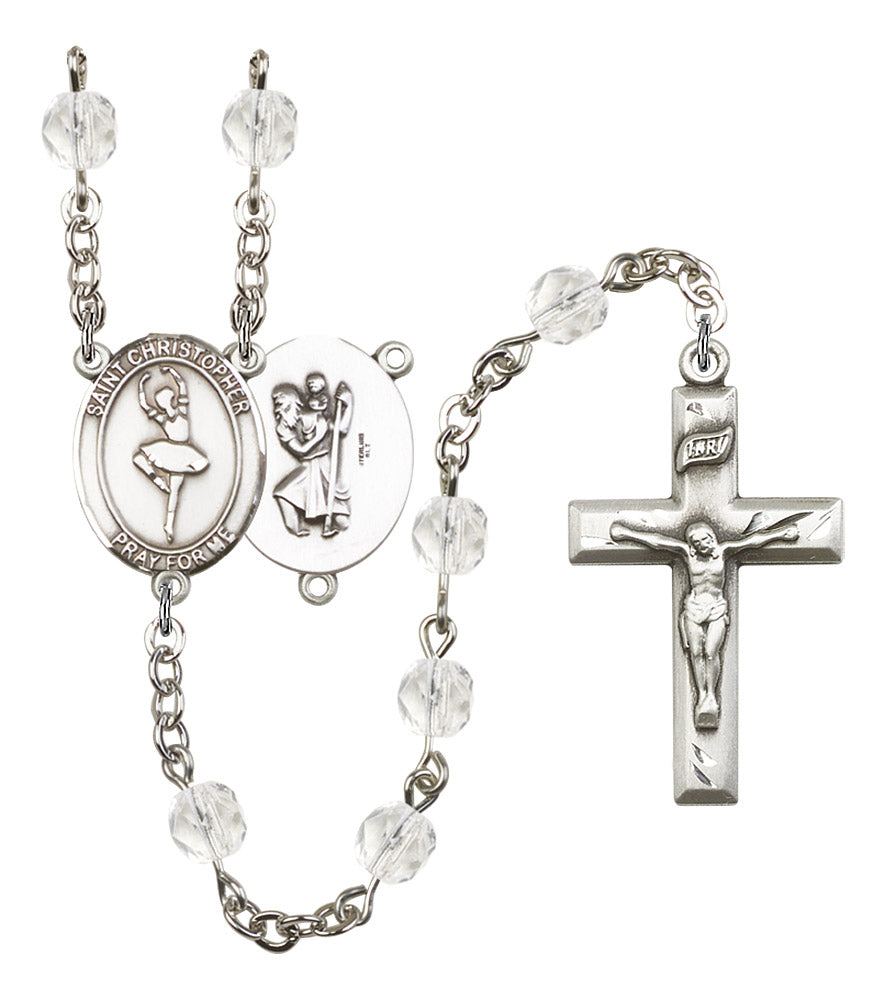 St. Christopher / Dance Rosary, 6mm Fire Polished Crystal Beads, Silver Plate, # 16550
