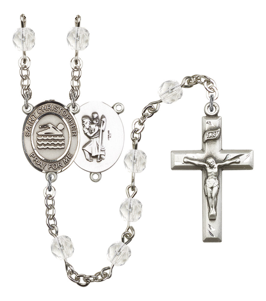 St. Christopher / Swimming Rosary, 6mm Fire Polished Crystal Beads, Silver Plate, # 16561
