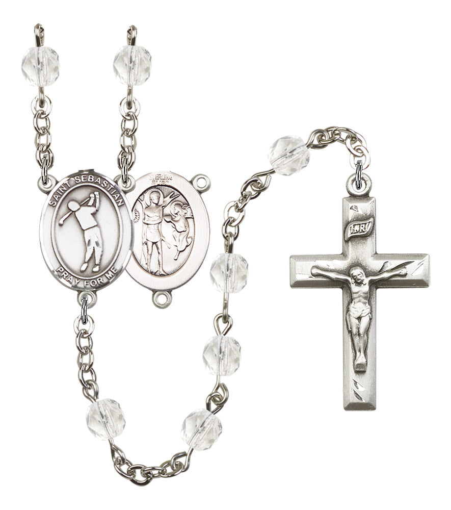St. Sebastian / Golf Rosary, 6mm Fire Polished Crystal Beads, Silver Plate, # 16566