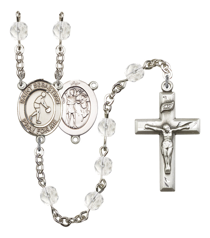 St. Sebastian / Basketball Rosary, 6mm Fire Polished Crystal Beads, Silver Plate, # 16567