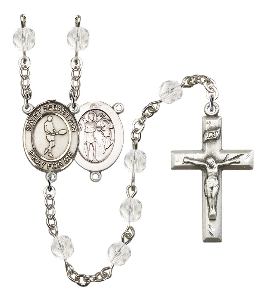 St. Sebastian / Tennis Rosary, 6mm Fire Polished Crystal Beads, Silver Plate, # 16570