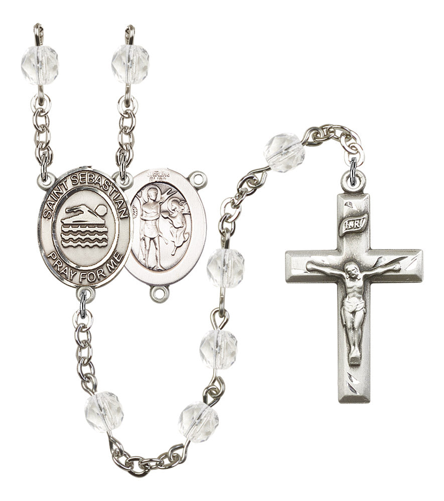 St. Sebastian / Swimming Rosary, 6mm Fire Polished Crystal Beads, Silver Plate, # 16571