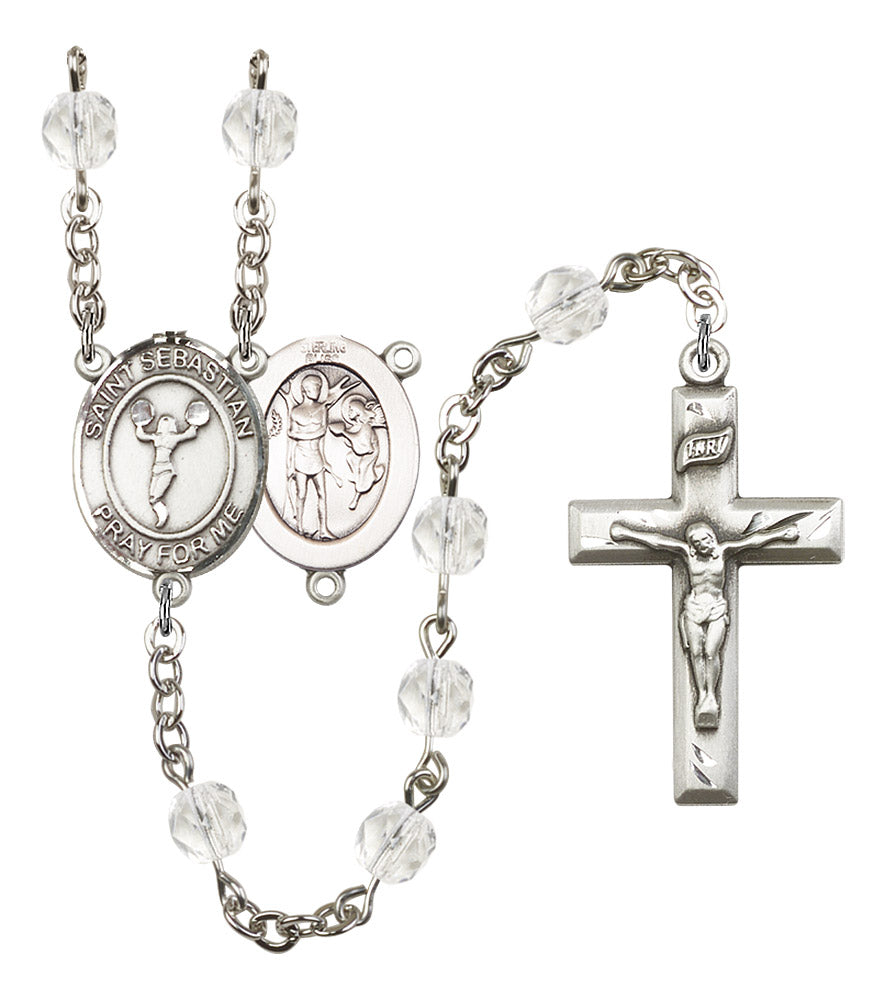 St. Sebastian / Cheerleading Rosary, 6mm Fire Polished Crystal Beads, Silver Plate, # 16574