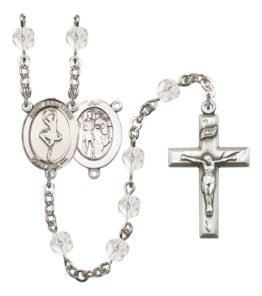 St. Sebastian / Dance Rosary, 6mm Fire Polished Crystal Beads, Silver Plate, # 16577