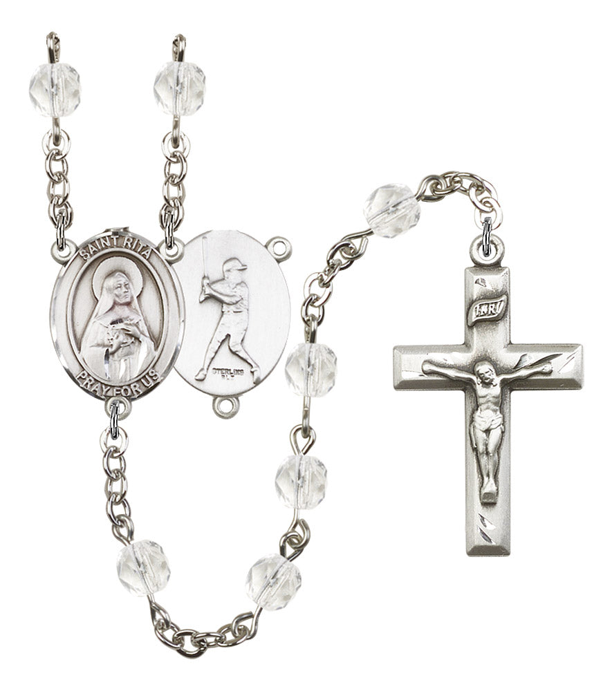St. Rita / Baseball Rosary, 6mm Fire Polished Crystal Beads, Silver Plate, # 16585