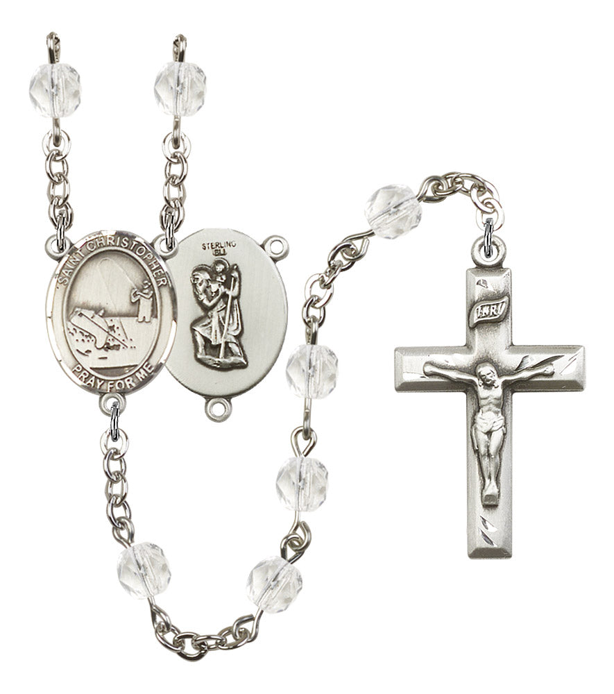 St. Christopher / Fishing Rosary, 6mm Fire Polished Crystal Beads, Silver Plate, # 16600
