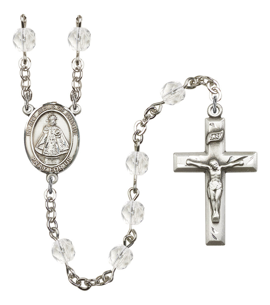 Infant of Prague Rosary, 6mm Fire Polished Crystal Beads, Silver Plate, # 16614
