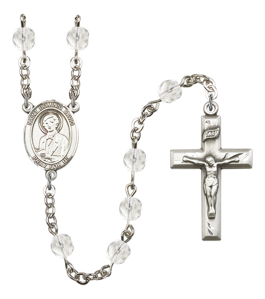 St. Dominic Savio Rosary, 6mm Fire Polished Crystal Beads, Silver Plate, # 16636