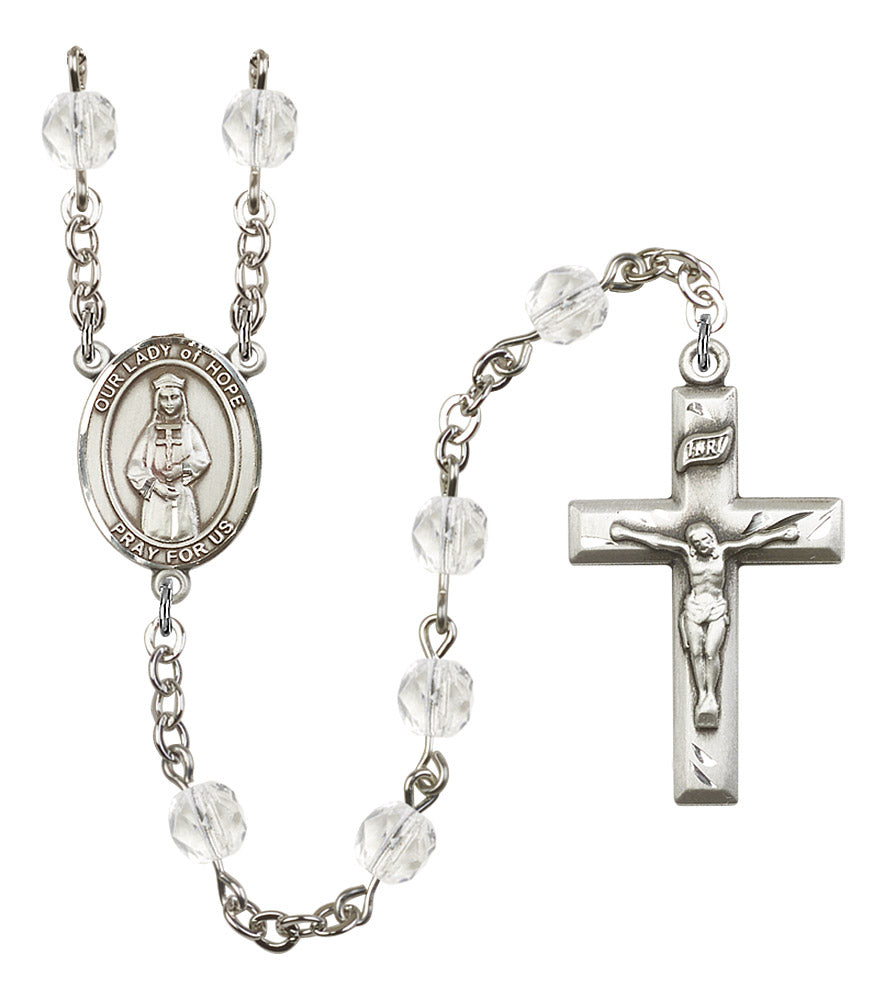 Our Lady of Hope Rosary, 6mm Fire Polished Crystal Beads, Silver Plate, # 16639