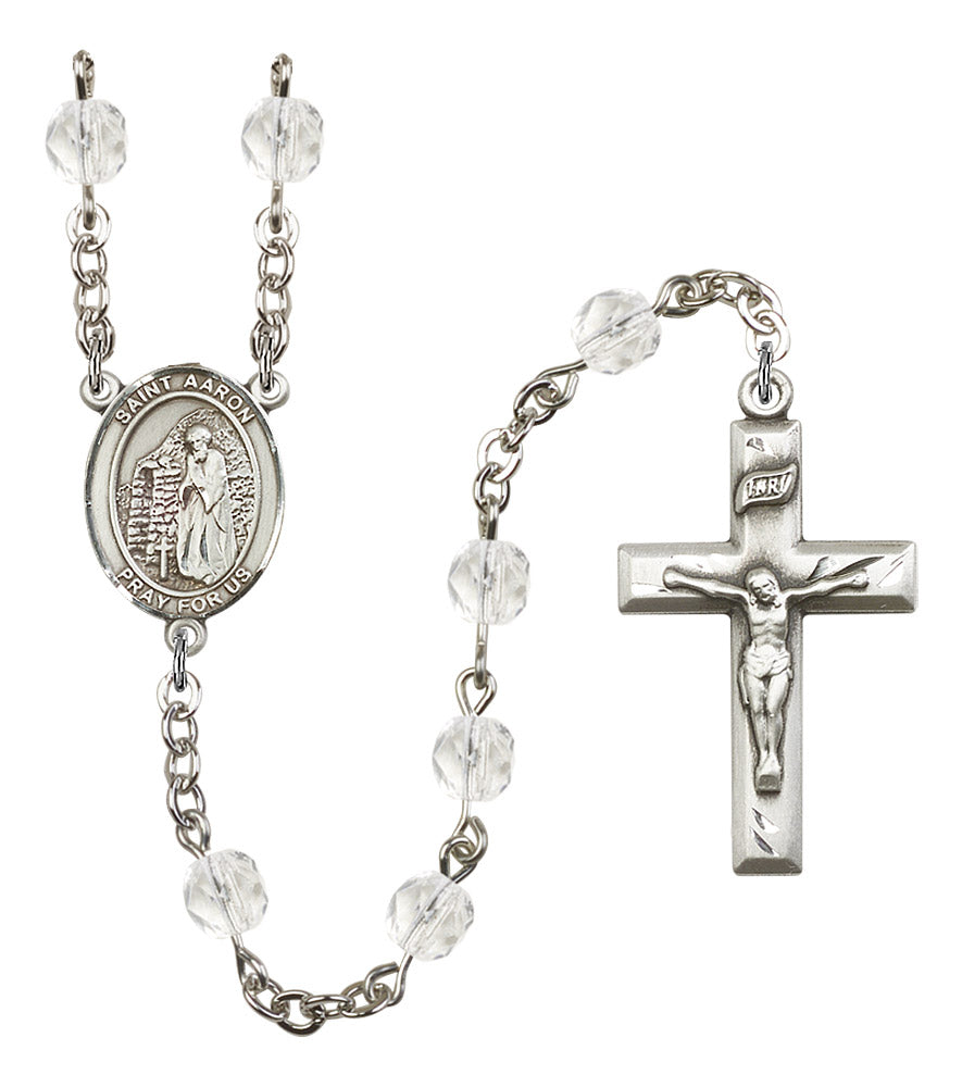St. Aaron Rosary, 6mm Fire Polished Crystal Beads, Silver Plate, # 16664