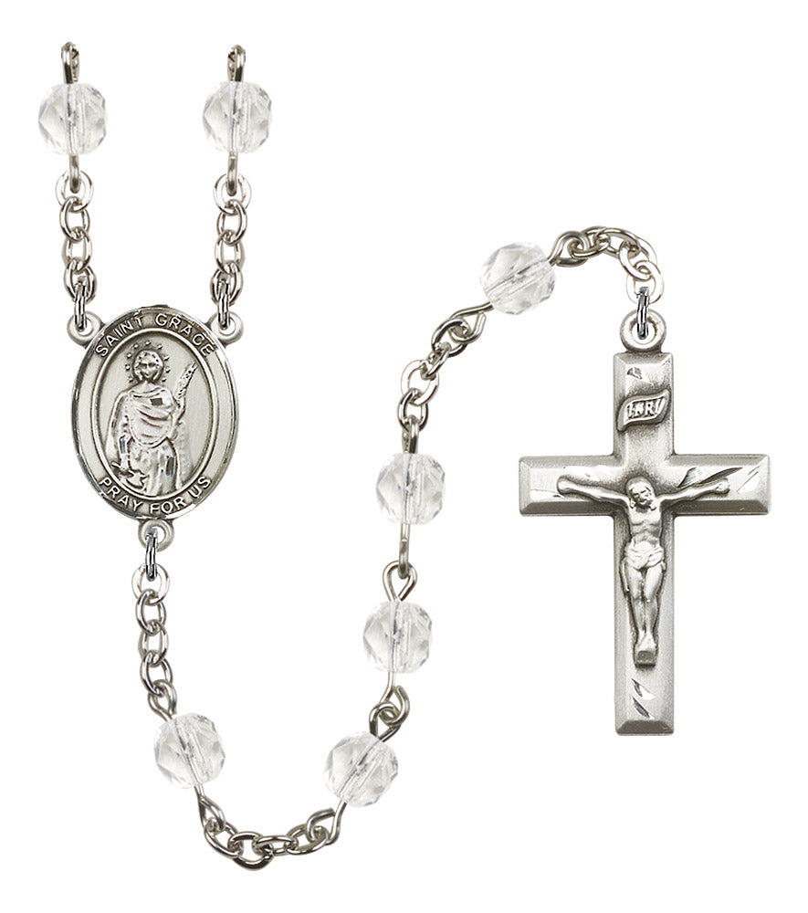 St. Grace Rosary, 6mm Fire Polished Crystal Beads, Silver Plate, # 16665