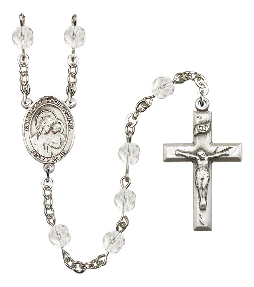 Our Lady of Good Counsel Rosary, 6mm Fire Polished Crystal Beads, Silver Plate, # 16697