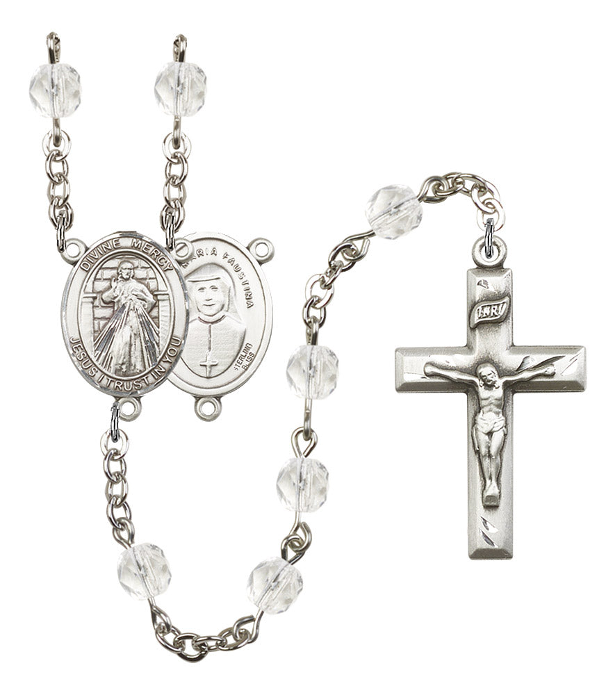 Divine Mercy Rosary, 6mm Fire Polished Crystal Beads, Silver Plate, # 16801
