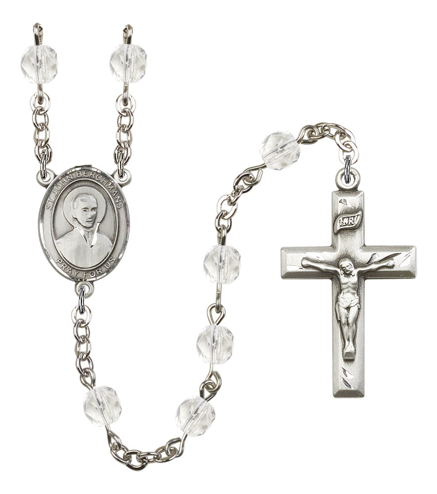 St. John Berchmans Rosary, 6mm Fire Polished Crystal Beads, Silver Plate, # 16806