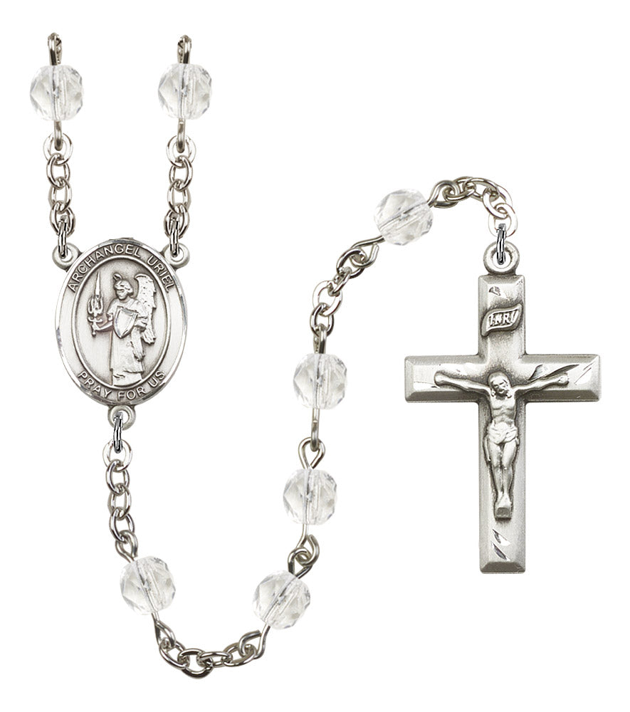 St. Uriel the Archangel Rosary, 6mm Fire Polished Crystal Beads, Silver Plate, # 16814