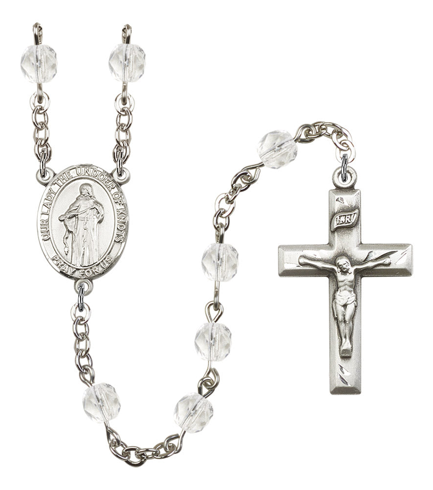 Our Lady Undoer of Knots Rosary, 6mm Fire Polished Crystal Beads, Silver Plate, # 16819