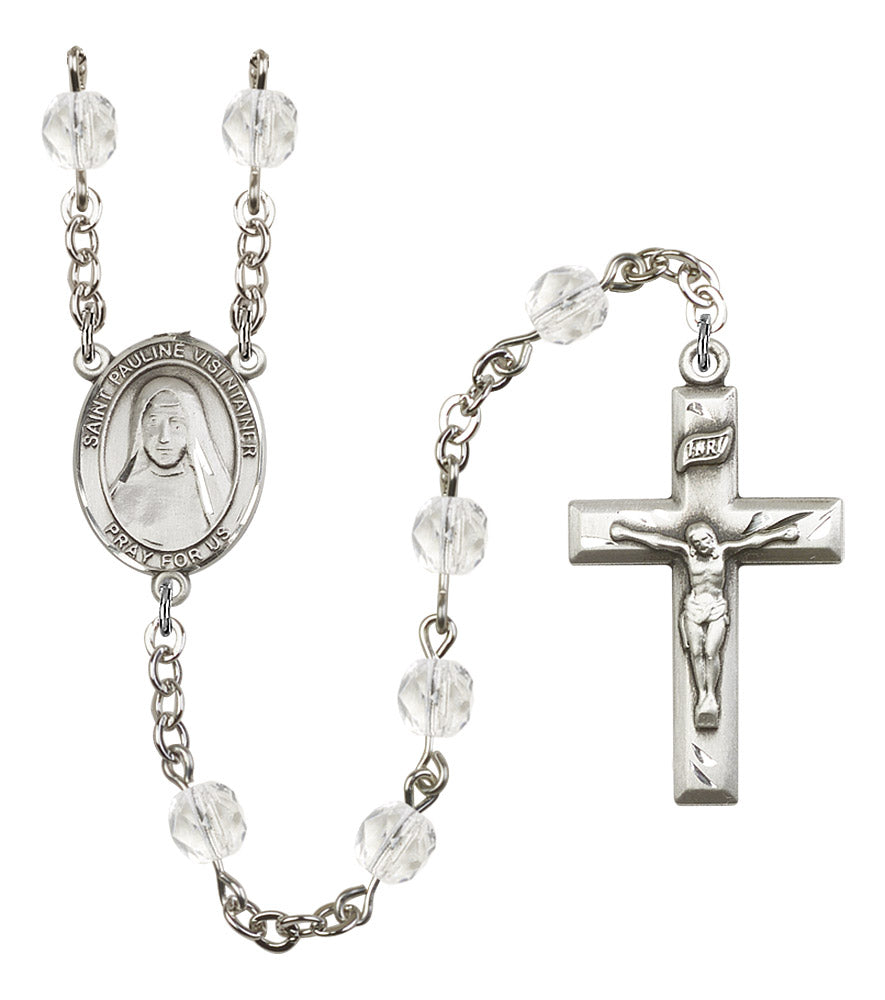 St. Pauline Visintainer Rosary, 6mm Fire Polished Crystal Beads, Silver Plate, # 16828