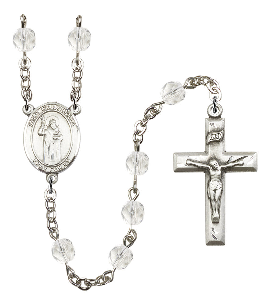 St. Columbkille Rosary, 6mm Fire Polished Crystal Beads, Silver Plate, # 16835