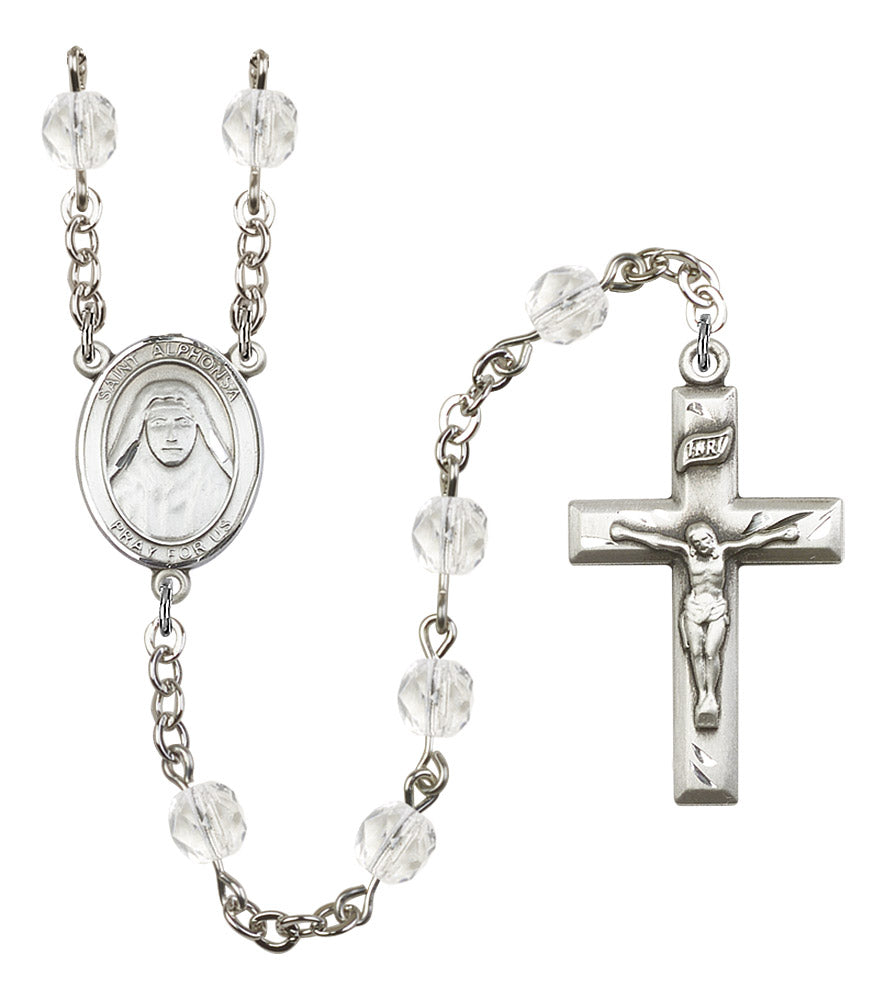 St. Alphonsa of India Rosary, 6mm Fire Polished Crystal Beads, Silver Plate, # 16842