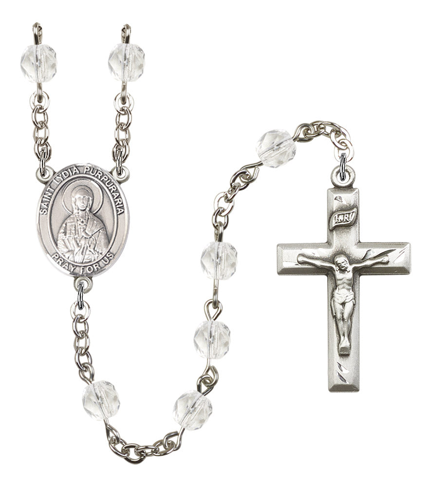 St. Lydia Purpuraria Rosary, 6mm Fire Polished Crystal Beads, Silver Plate, # 16848