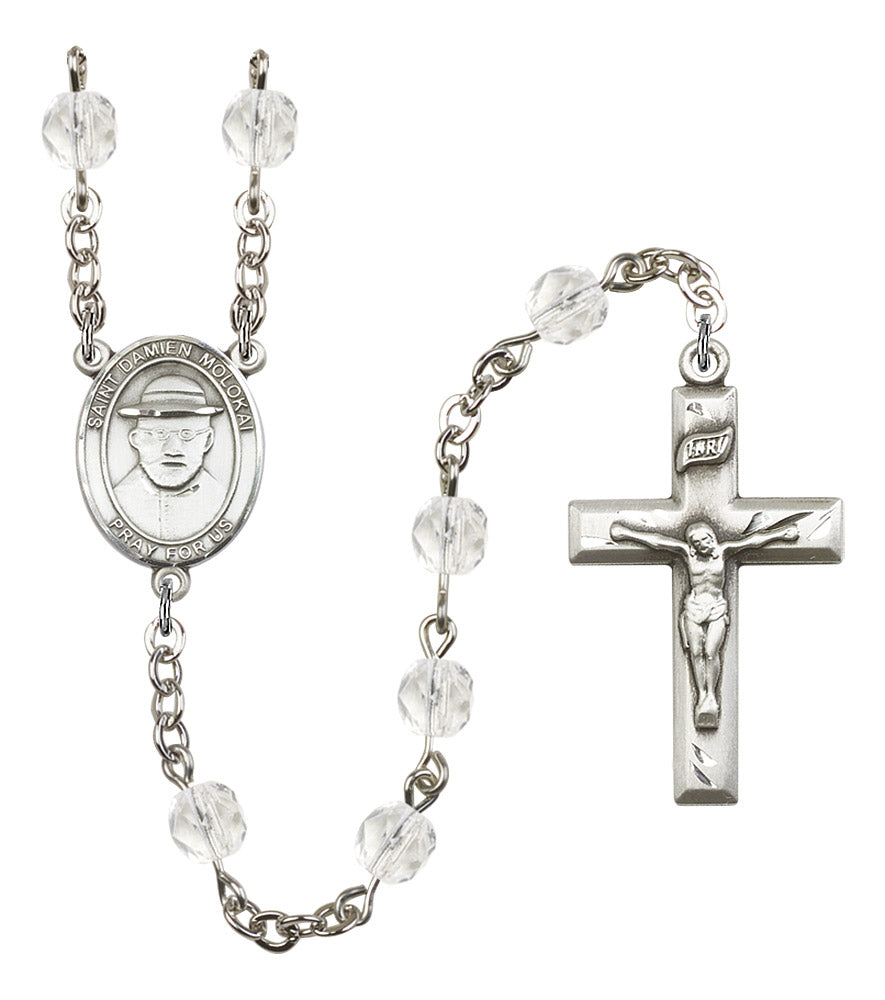 St. Damien of Molokai Rosary, 6mm Fire Polished Crystal Beads, Silver Plate, # 16849