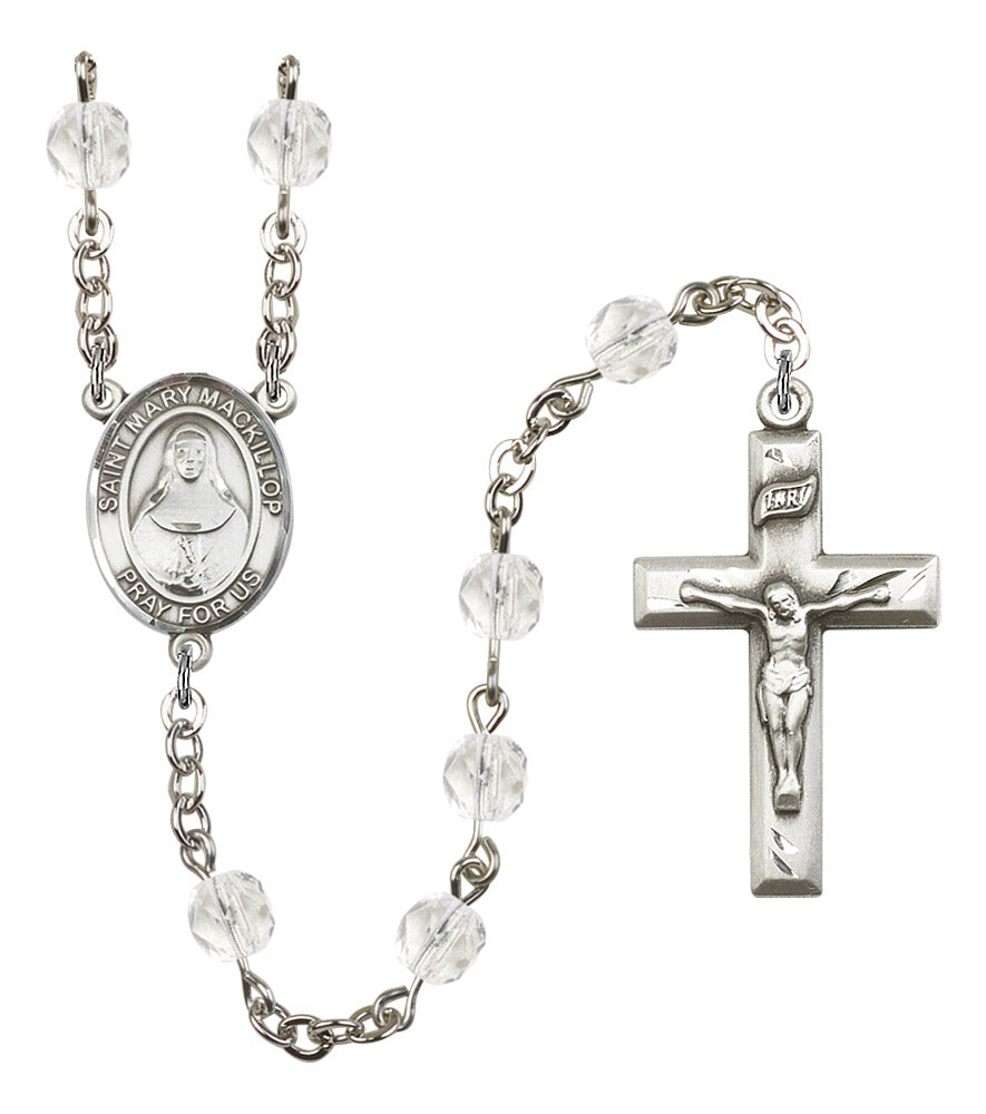St. Mary Mackillop Rosary, 6mm Fire Polished Crystal Beads, Silver Plate, # 16864