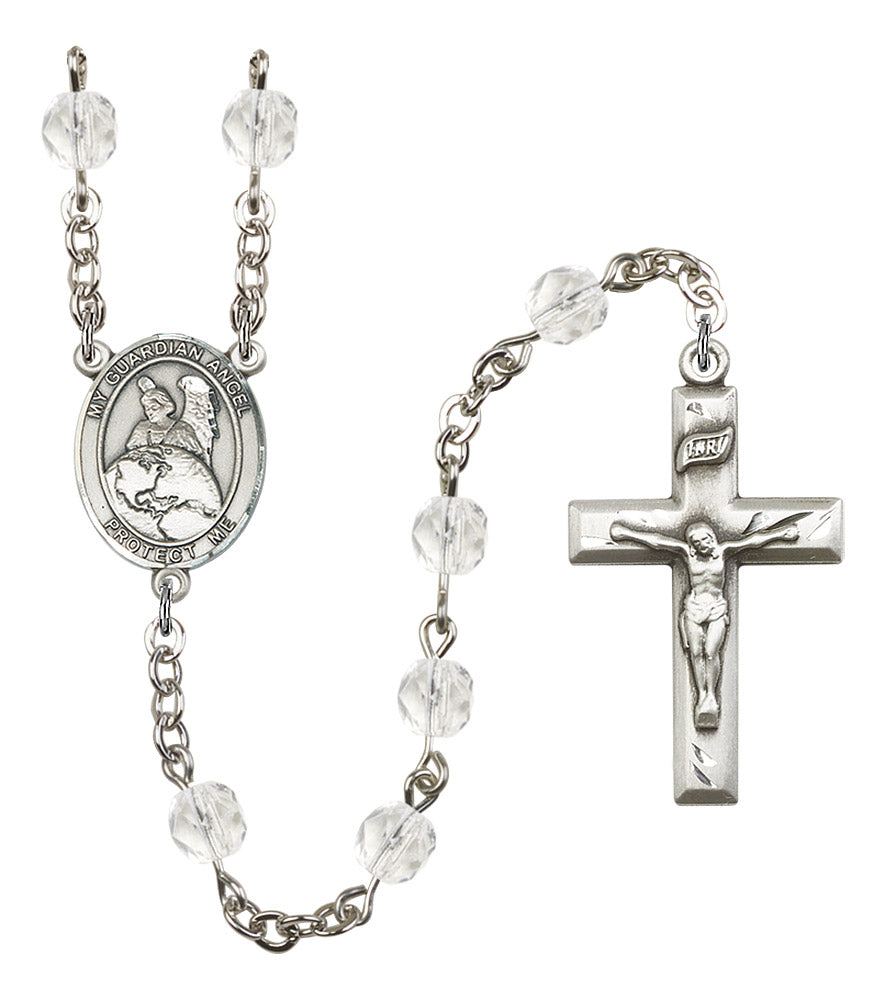 Guardian Angel Protector Rosary, 6mm Fire Polished Crystal Beads, Silver Plate, # 16877