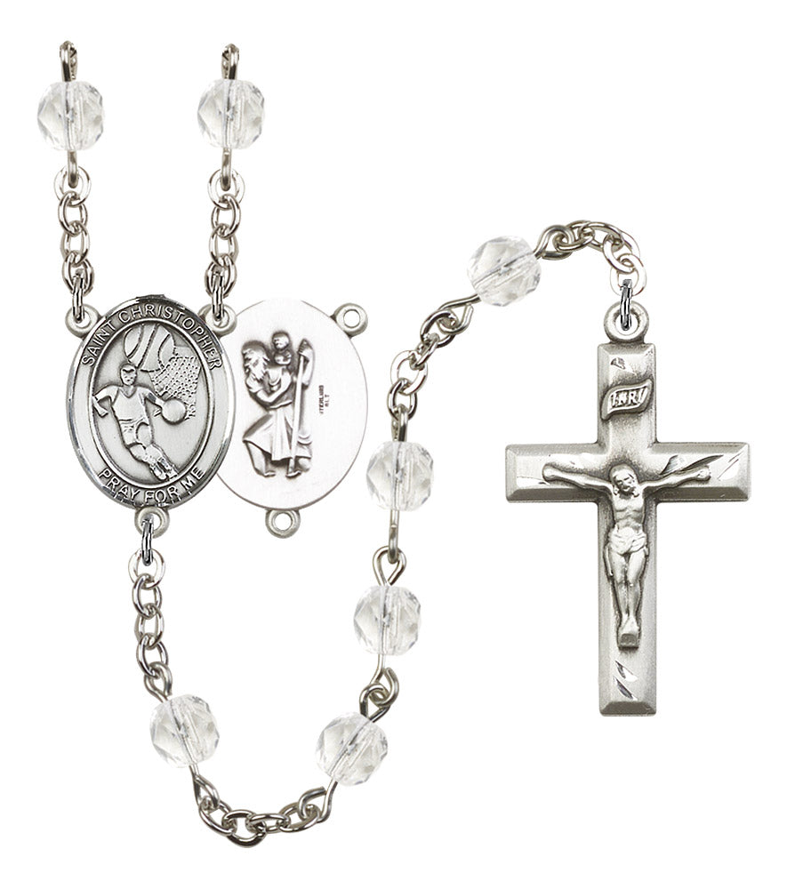 St. Christopher / Basketball Rosary, 6mm Fire Polished Crystal Beads, Silver Plate, # 16892