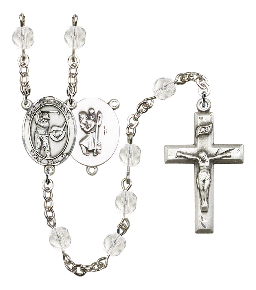St. Christopher / Golf Rosary, 6mm Fire Polished Crystal Beads, Silver Plate, # 16896
