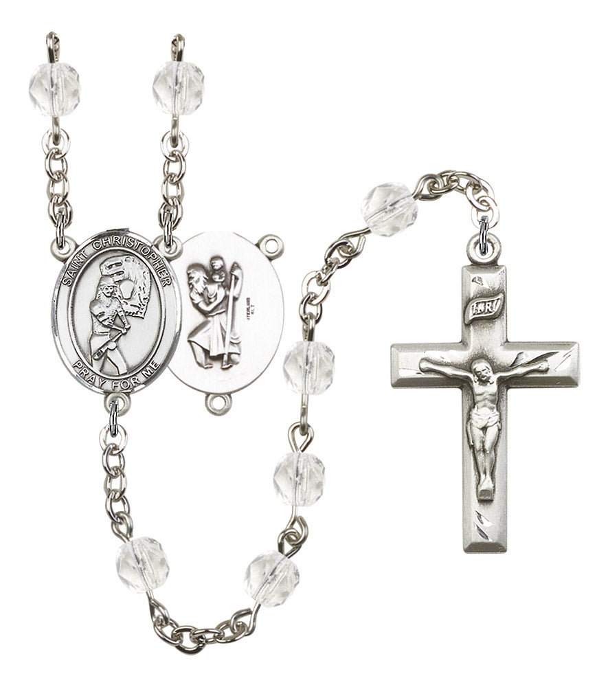 St. Christopher / Softball Rosary, 6mm Fire Polished Crystal Beads, Silver Plate, # 16898
