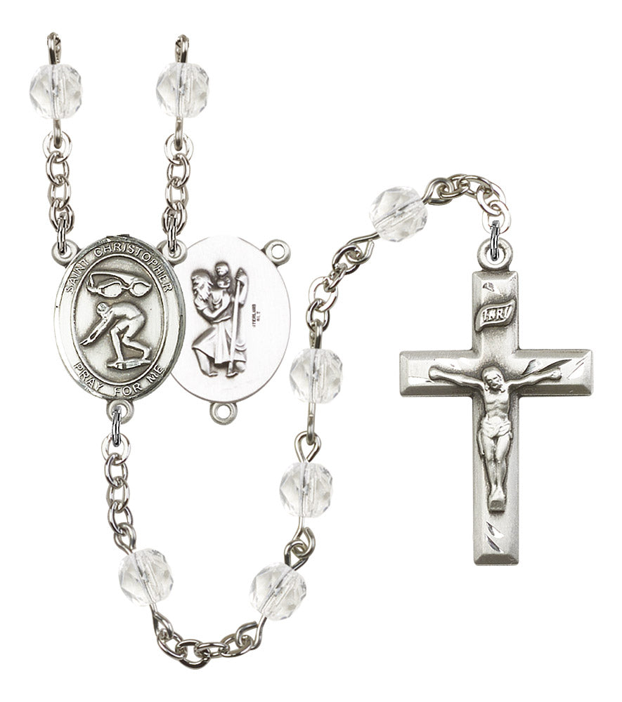 St. Christopher / Swimming Rosary, 6mm Fire Polished Crystal Beads, Silver Plate, # 16902