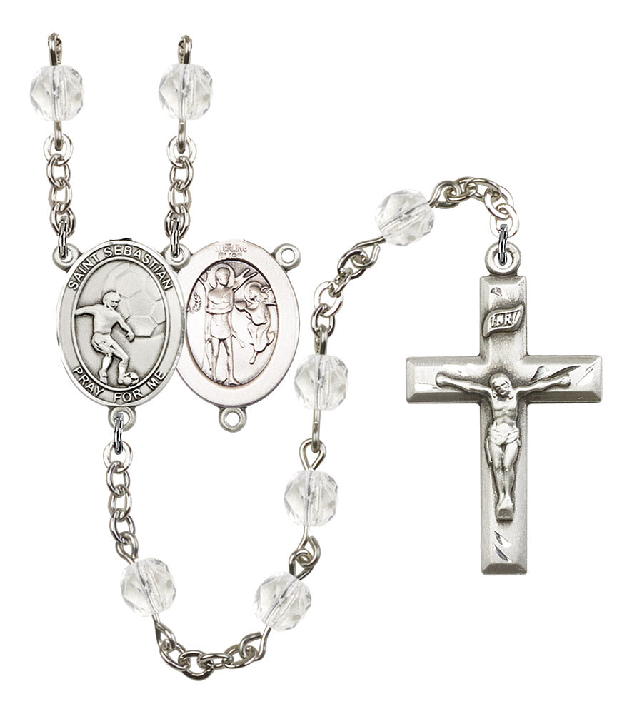 St. Sebastian / Soccer Rosary, 6mm Fire Polished Crystal Beads, Silver Plate, # 16912
