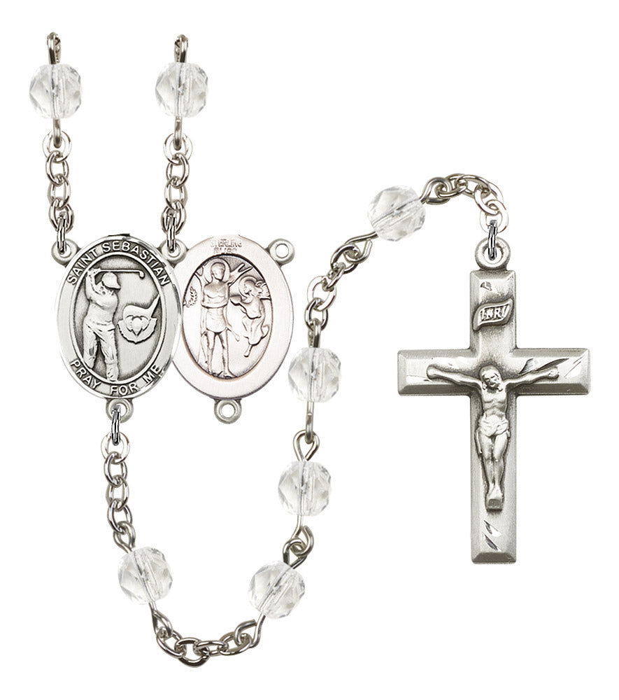St. Sebastian / Golf Rosary, 6mm Fire Polished Crystal Beads, Silver Plate, # 16915