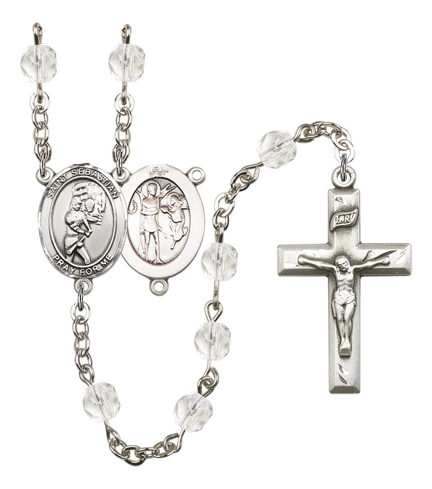 St. Sebastian / Softball Rosary, 6mm Fire Polished Crystal Beads, Silver Plate, # 16916